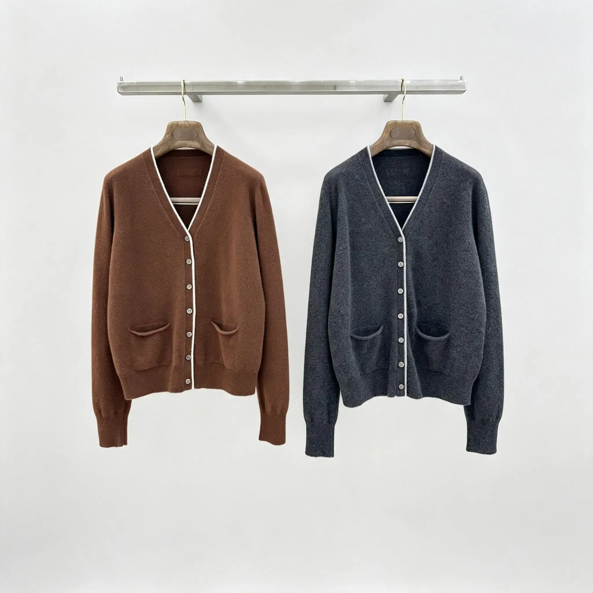 Women V-Neck Contrast Trim Knit Cardigan With Pockets Long Sleeve Autumn Winter Outerwear