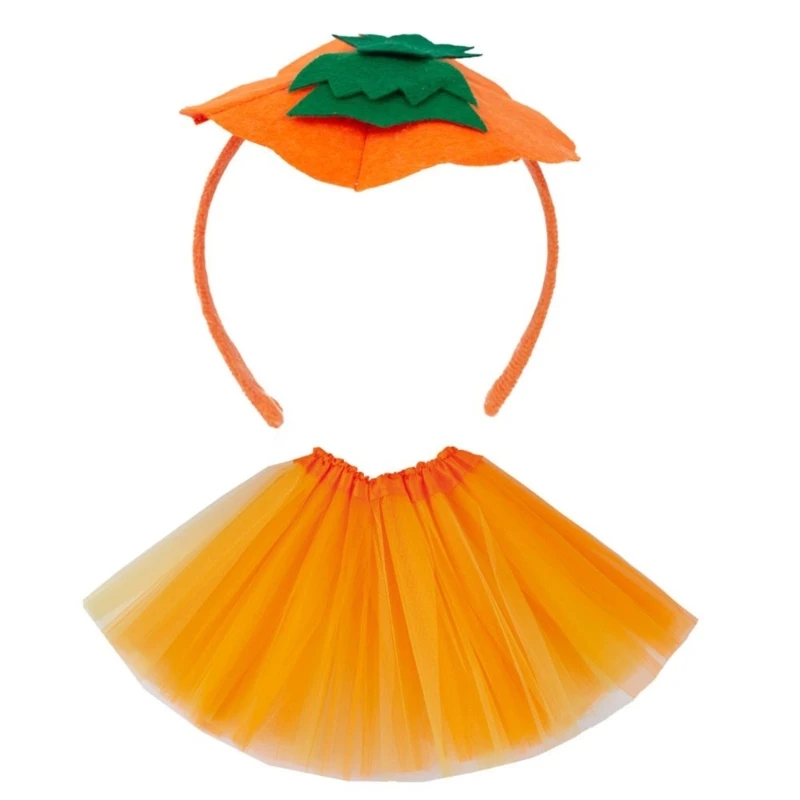 2Pcs Halloween Pumpkin Costume Pumpkin Dress up Kits Includes Pumpkin Hairband, Skirt for Kid Birthday Halloween Party