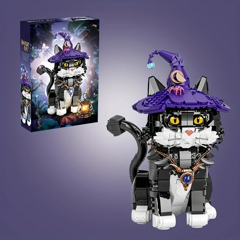 1128-teiliges Magic Cat-Baustein-Set, kreatives Tiermodell, bezauberndes Sammlerstück, mit lila Hexenhut und kleinem Laternenzubehör, Ausstellungsmodell für Fantasy-Enthusiasten, perfektes Geschenk für Männer und Frauen, die Katzen lieben