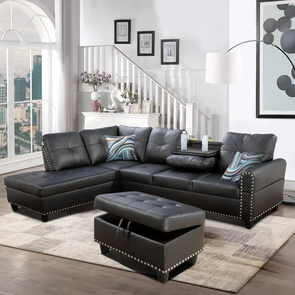 L Shaped Sofa with Ottoman Modern Nail-Head Design PU Leather Sectional Couches with Chaise, Cup Holder for Living Room