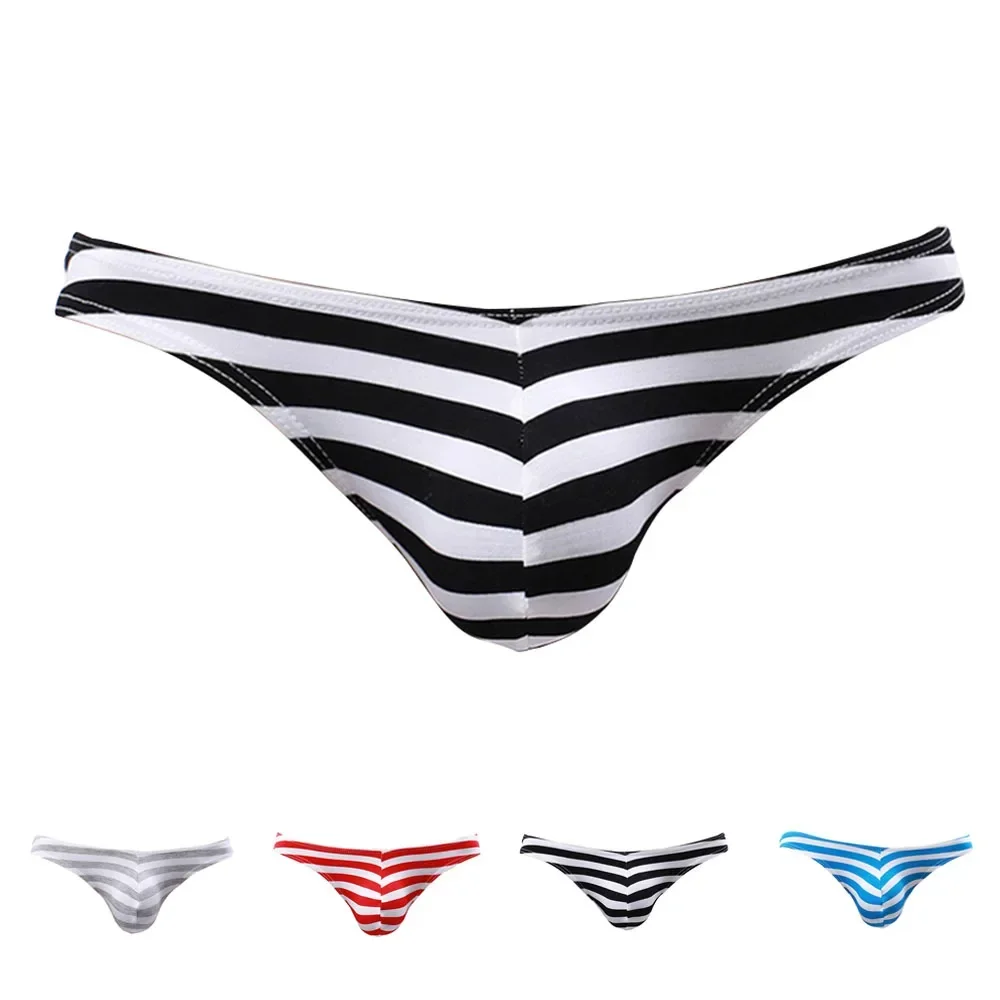 Mens Underpants New Sexy Men\'s Striped Thongs Underpants G string with Bulge Pouch Breathable Low Waist Briefs