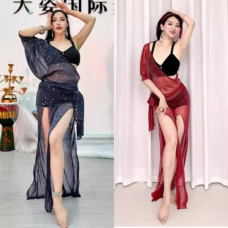 Aangepaste buikdans oefenjurk Baladi Folk Robe Micro Transparant Sexy Pure Desire Wind Star Internet Rode sprankelende zijde