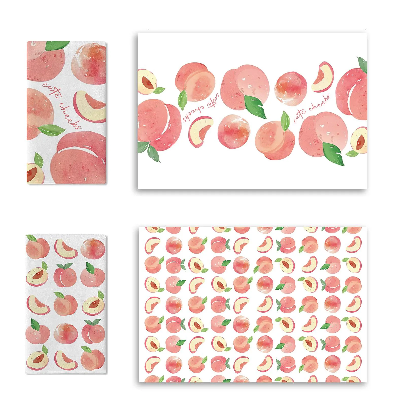 2 Pcs Pink Peach Towel Set | Flat Printing Watercolor Cute Blush Fruit Hand Towel & Baking Cloth, Girly Style Spring Summer