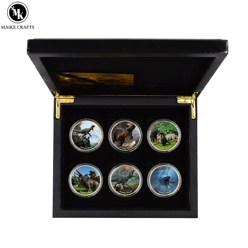 

6pcs/box Jurassic Dinosaur Commemorative Coin Wooden Box Set Children's Day Gift Collection