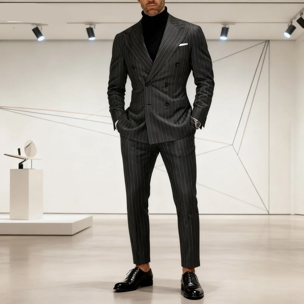 

Men's 2-Piece Suit Set Slim Fit Double Breasted Lapel Formal Grey Blue Marine High Quality Jacket And Trousers Ensemble