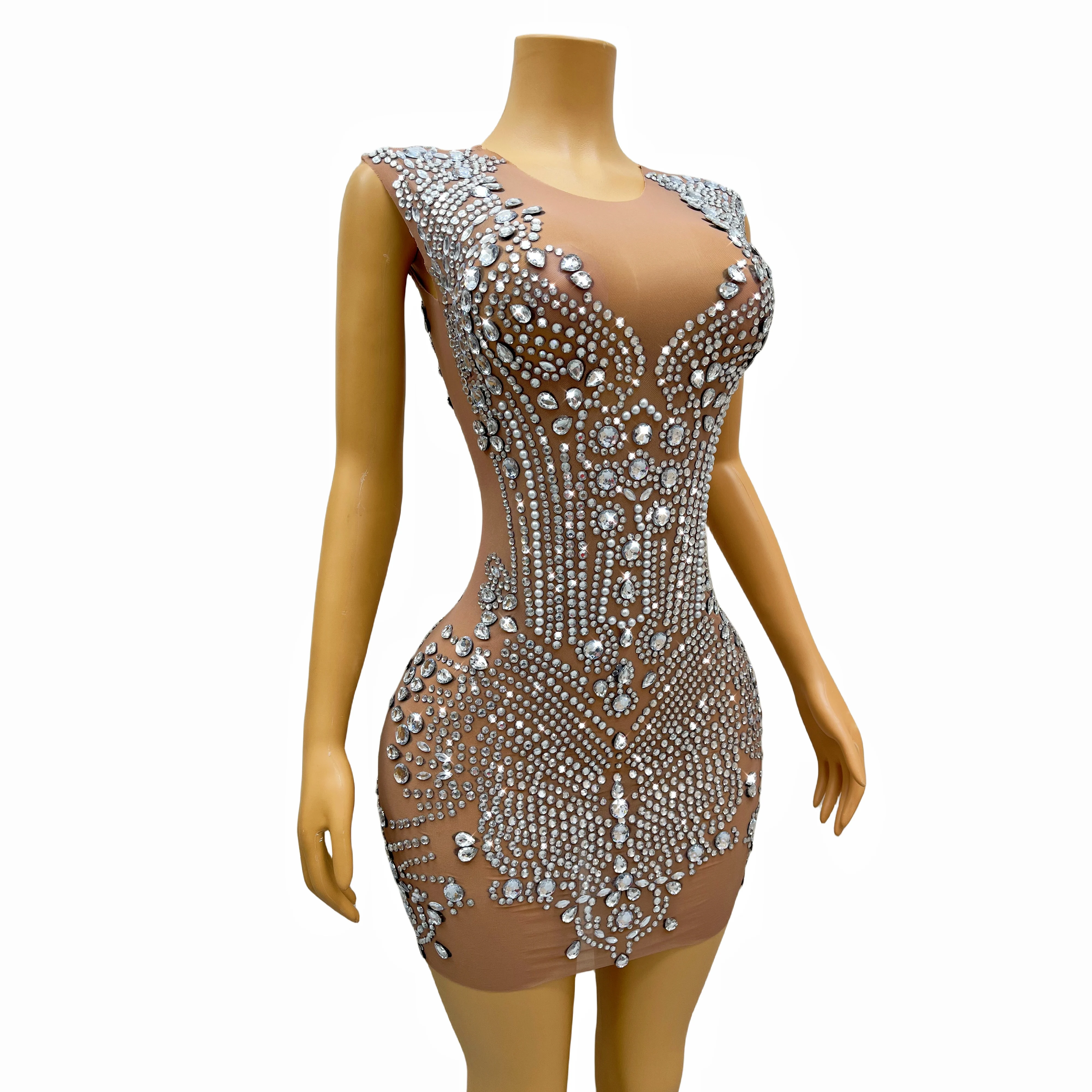 Flashing SilverRhinestones Nude Mini Dress Birthday Celebrate Transparent Sexy Stretch Costume Fancy Sleeveless Outfit dingzhu