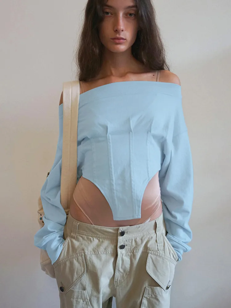 

Blifanbo топ с открытыми плечами и длинными рукавами, женская модная повседневная однотонная лоскутная женская модная сексуальная футболка, топ, уличная одежда