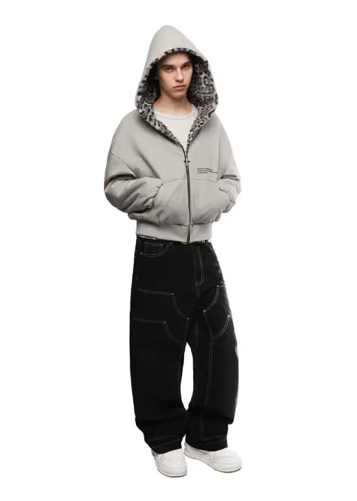 

Ретро Винтаж Уличный Стиль Леопардовый Принт Толстовка С Капюшоном Зимняя Свободная Повседневная Теплая Молния Модный Топ