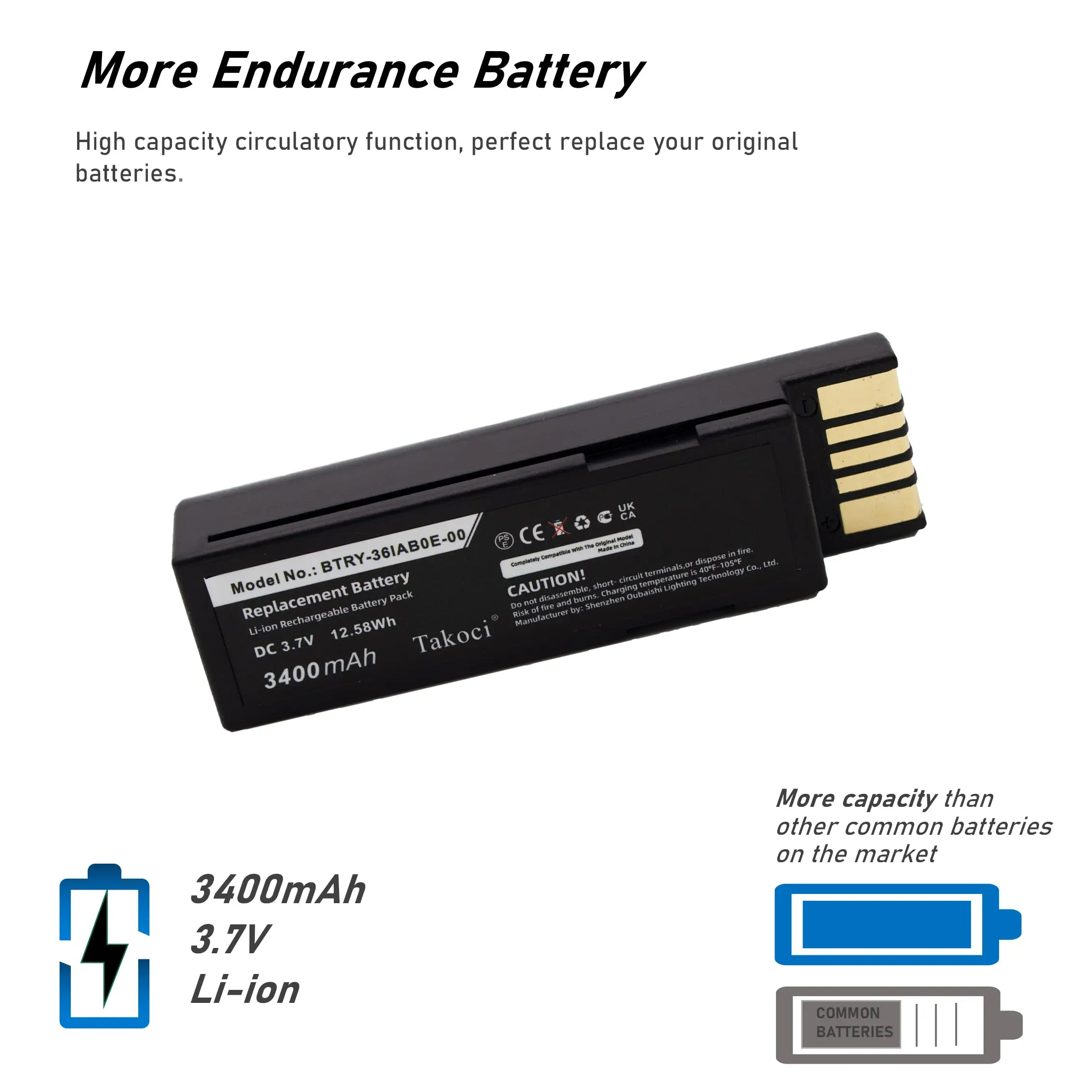 Replacement Battery for Zebra  DS3600, DS3678, EVM, LI3600, LI3678, LS3600, LS3678 82-166537-01, BTRY-36IAB0E-00 3.7V/3400mAh