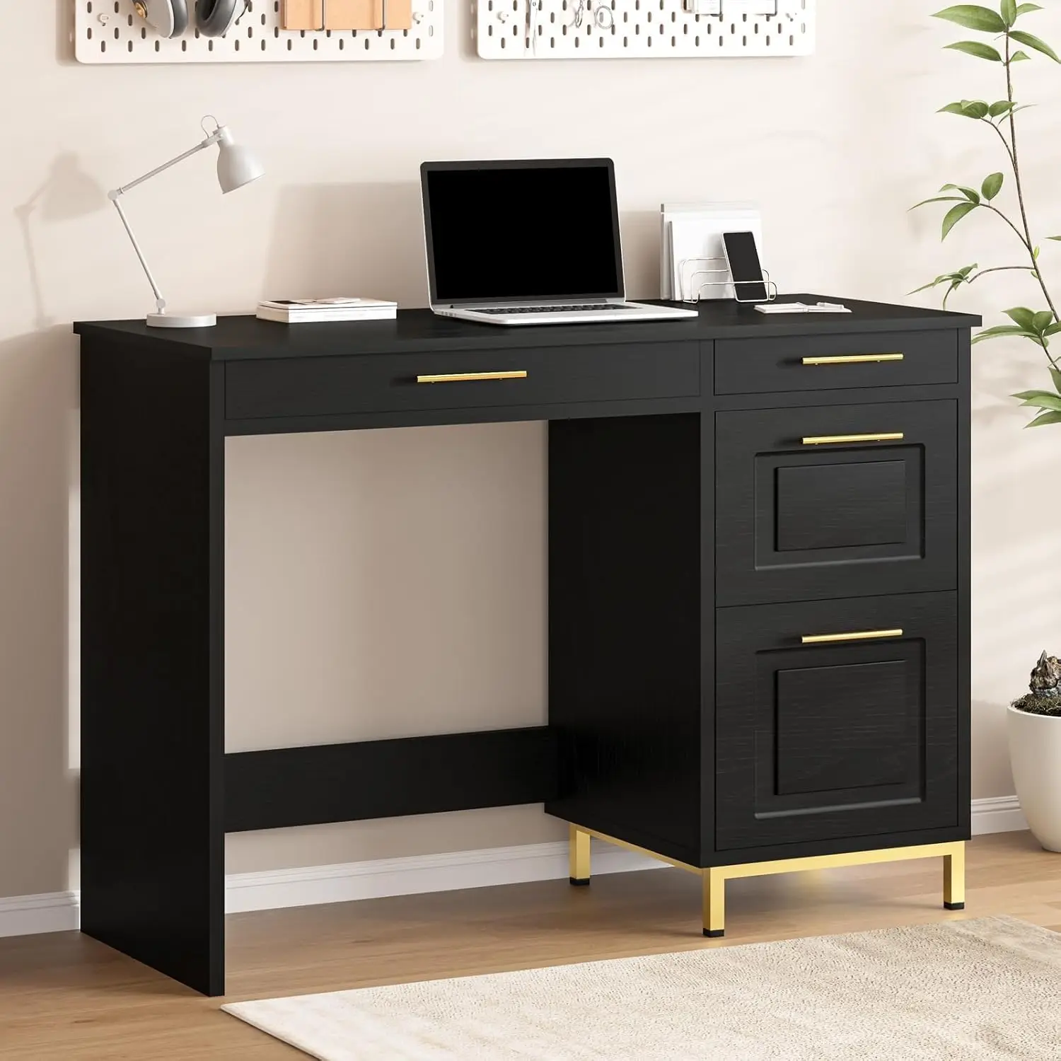 Black Desk with Drawers, 43” Home Office with Storage, Golden Handle for Bedroom, Black and Gold Study Writing