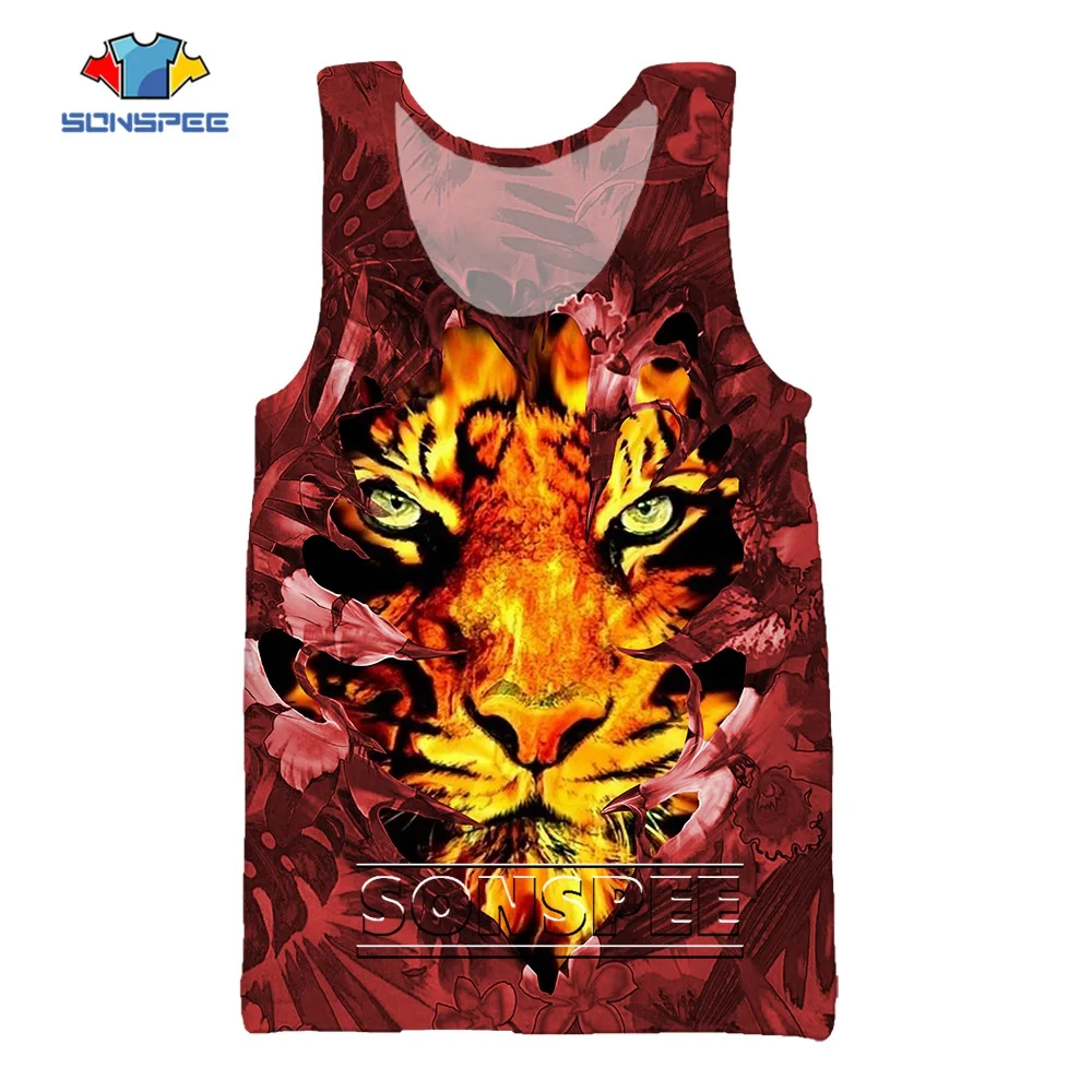 

SONSPEE Red Flower Pattern 3D Print Sleeveless Beach Vest Men Women Animal Tiger Lion Graphic Plus Size Kid Streetwear Tank Tops