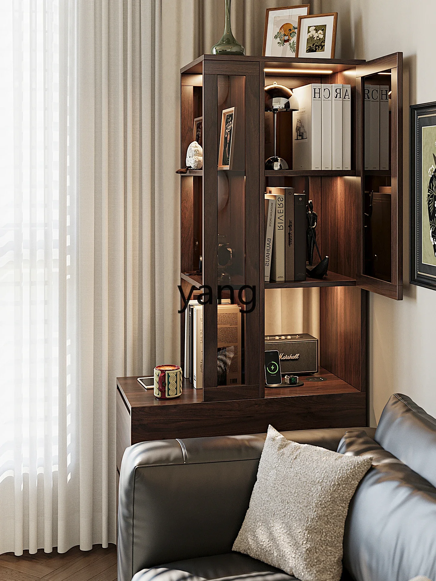 Lhh living room solid wood corner cabinet medium antique sofa side cabinet black walnut crevice narrow cabinet