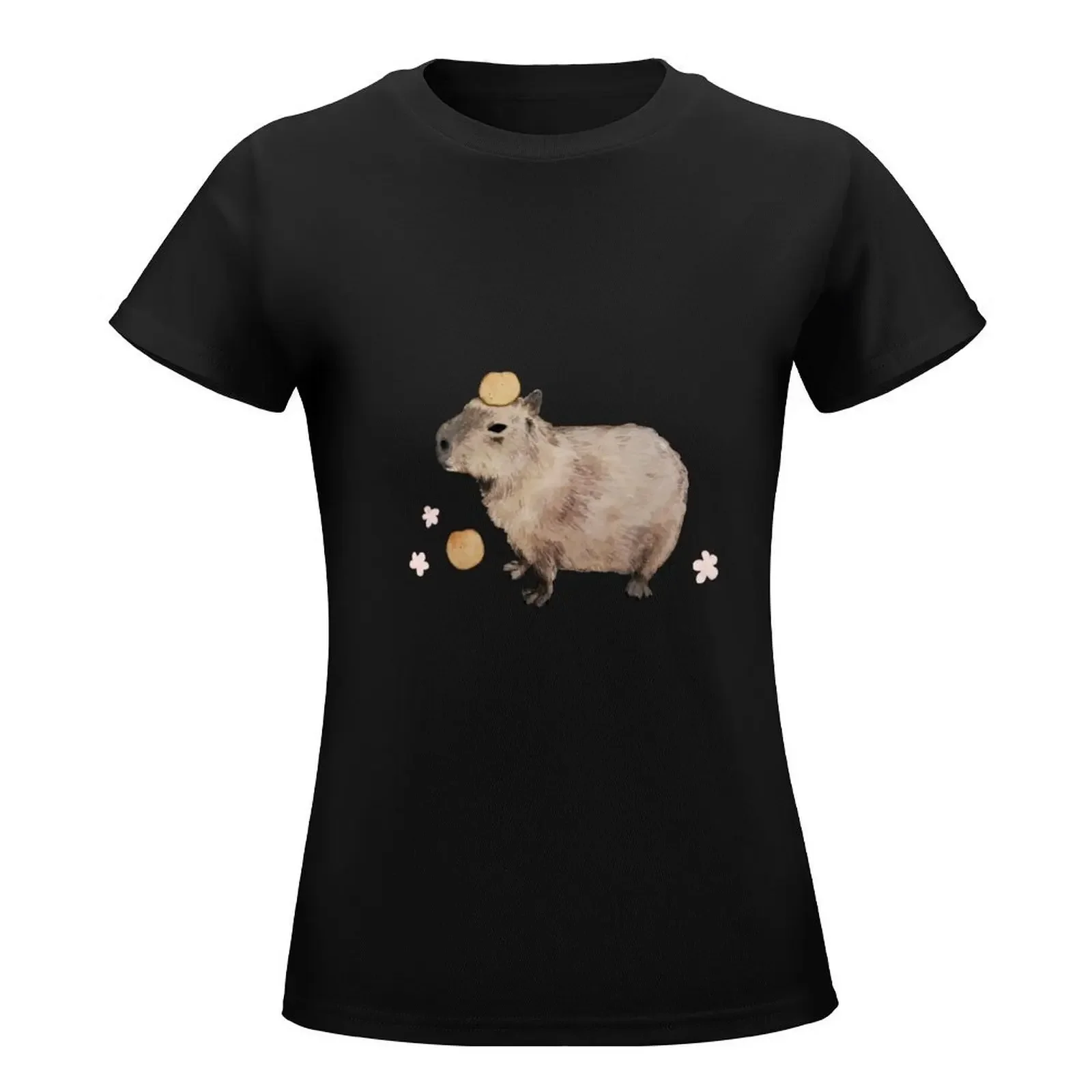 Capybara with Fruits and Flowers T-Shirt vintage clothes Female clothing black t-shirts for Women