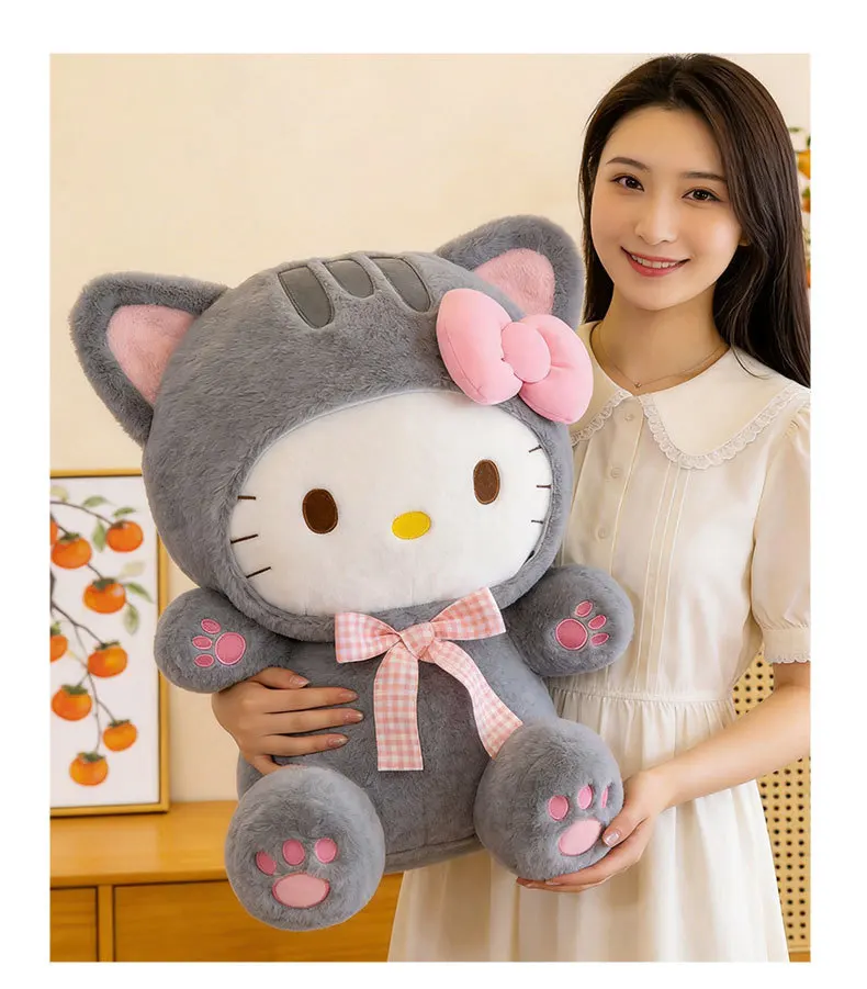 20/30/45/60CM Niedliche Graue Katze Hello Kitty Plüschpuppe mit Kariertem Schleifendesign KT Stofftier Weiches Kissen Heim- und Raumdekoration Geburtstagsgeschenk – Detail 14