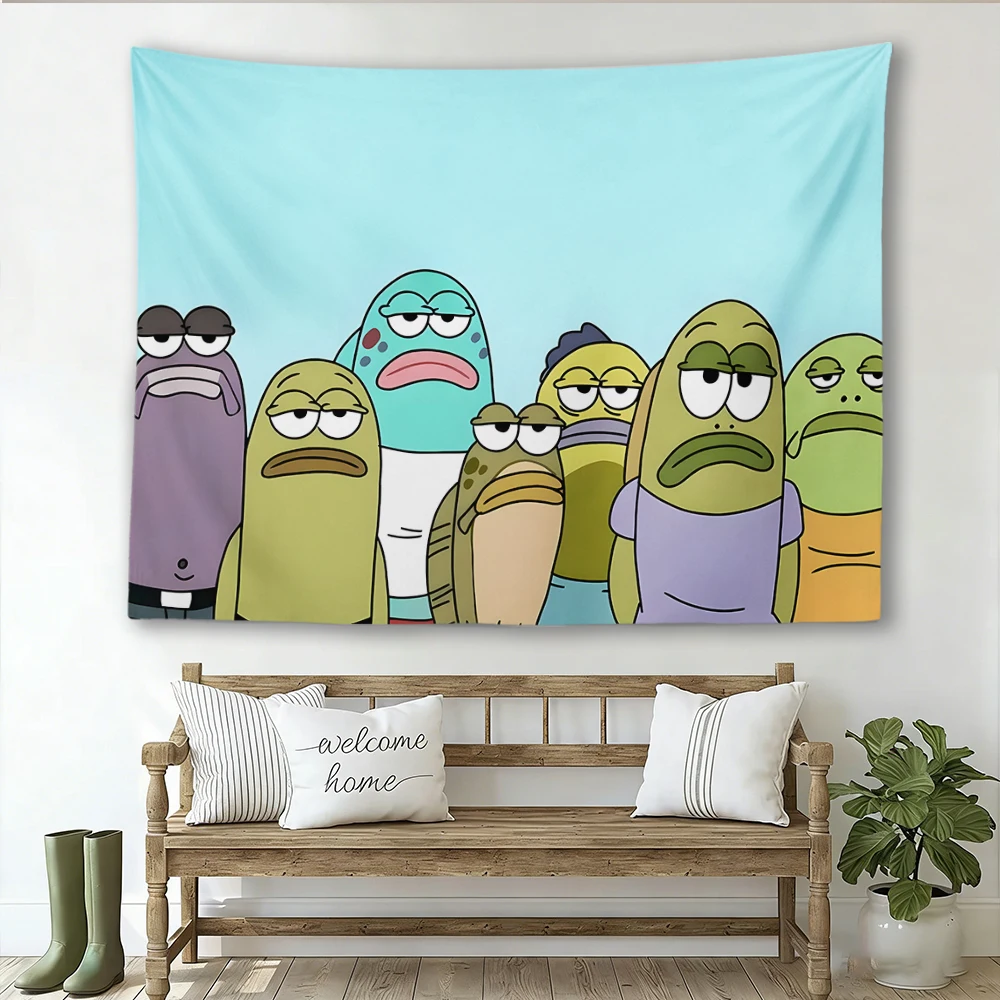 SpongeBob Bikini Bottom Fish Crowd Tapestry, Funny Deadpan Expression Cartoon Wall Hanging for Bedroom Dorm Home Decor