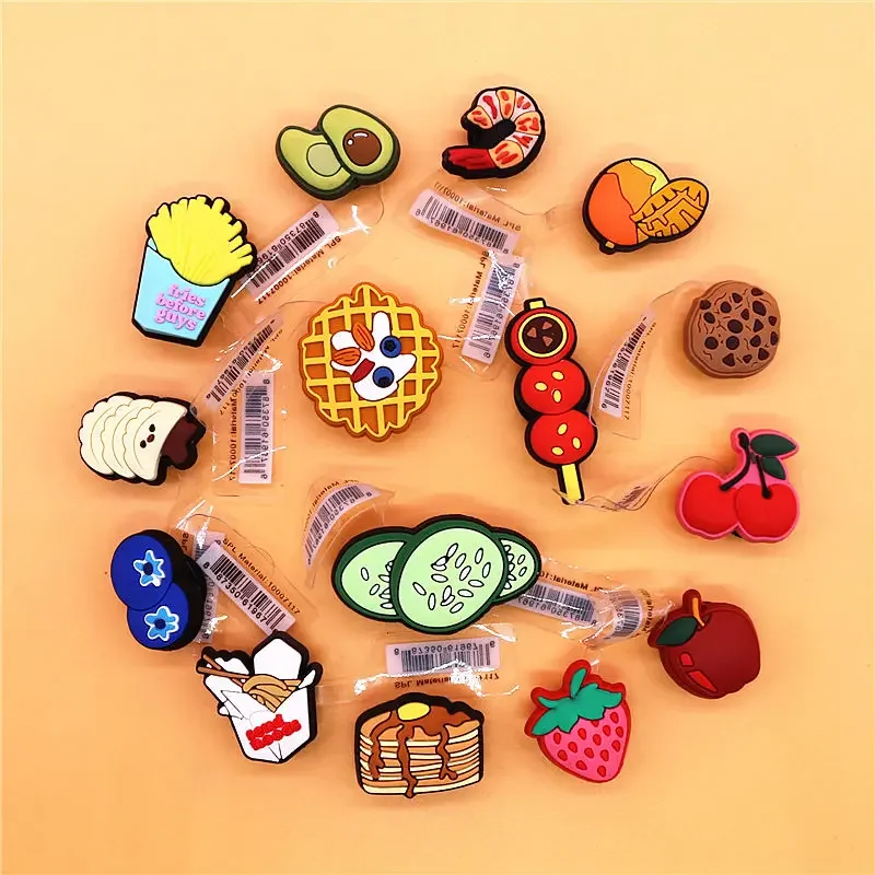 1pcs Original Food Style PVC Shoes Buckle Decorations Clog Pins Shrimp Noodles Blueberry Pie Chips Designer Shoe Charms