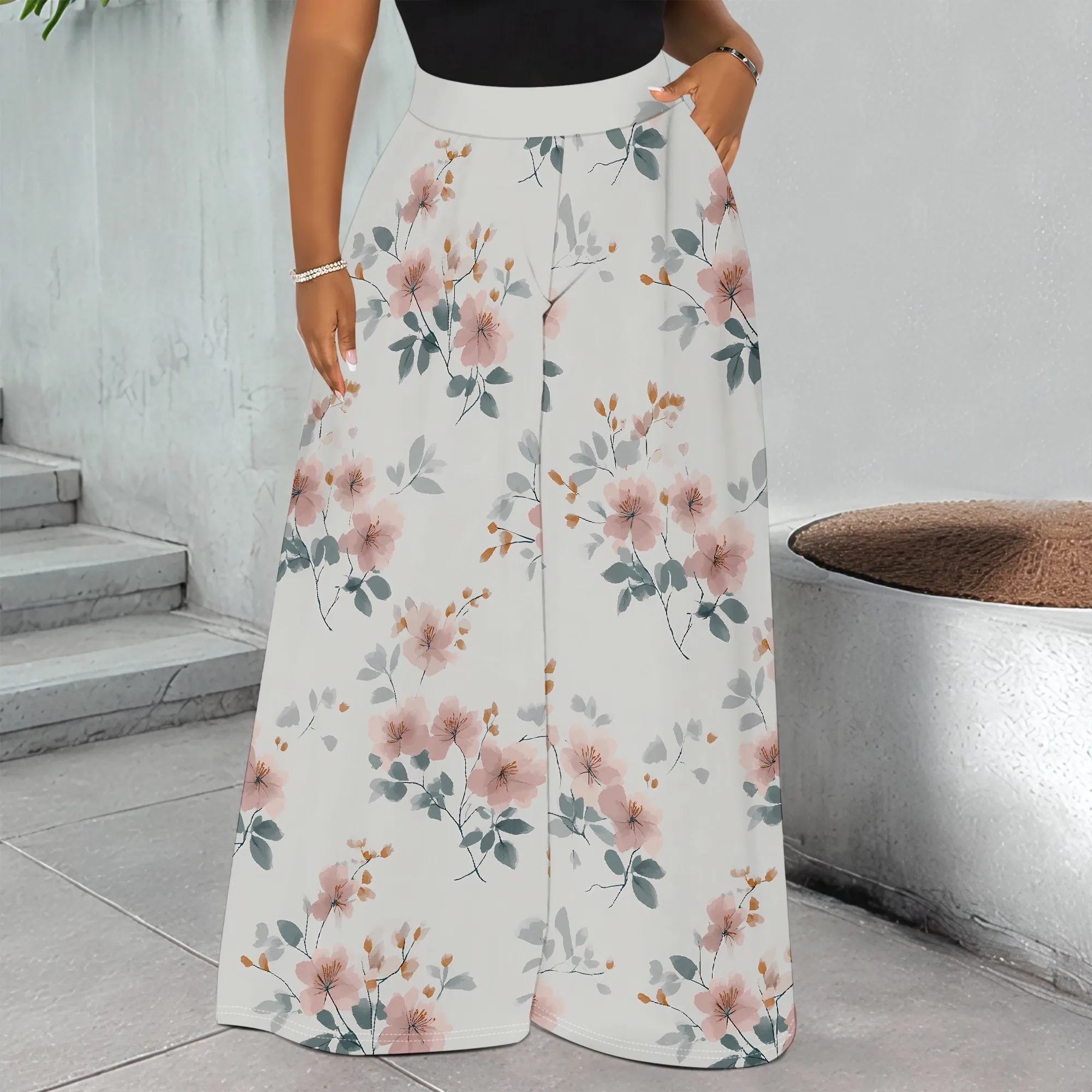

Floral Print Wide Leg Pants, Flower Pattern Trousers, Pocket Palazzo Pants for Women, Casual Summer Wear, S-2XL