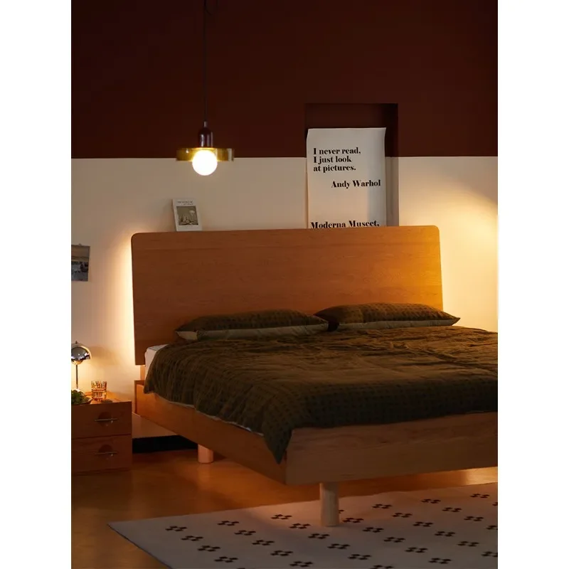 for Solid Wood Bed Japanese Cherry Wood High Backrest Nordic 1.5m Single Small Apartment 1.8m Bedroom Flush Side Suspended