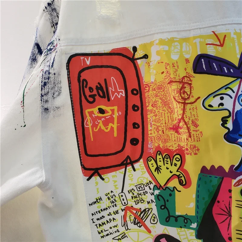 Fashion Black White Denim Jacket Women Loose Short Print Embroidery Cowboy Outerwear Korean Holes Big Pocket Jeans Jacket Female - Image 5