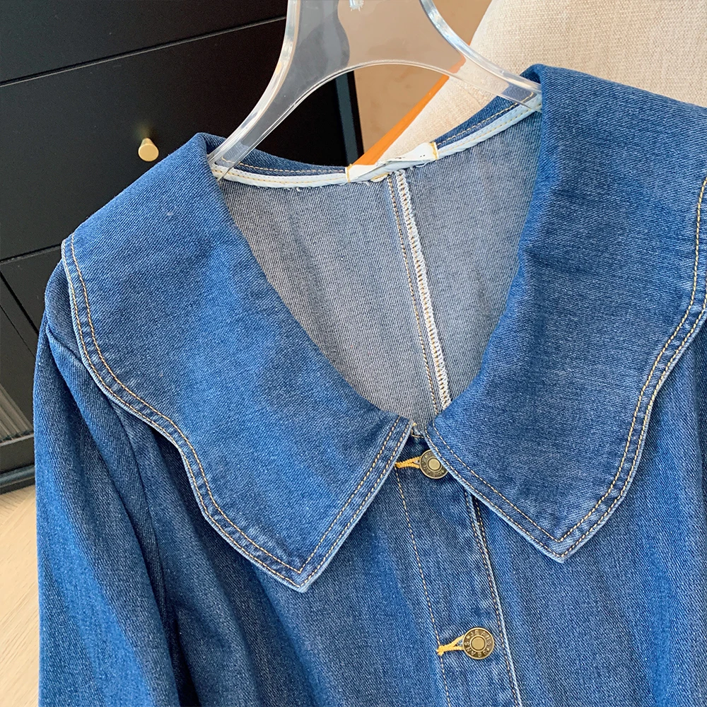 Primavera e autunno nuove taglie forti da donna francese retrò colletto da bambola abito in denim camicia a maniche lunghe a vita gonna di media