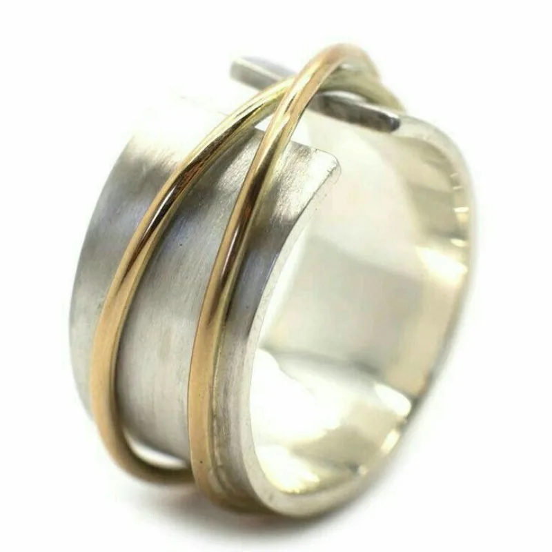 Minimalist Hand Carved Women's Ring Vintage Two Color Metal Geometry Daily Wear Party Jewelry Anniversary Gift