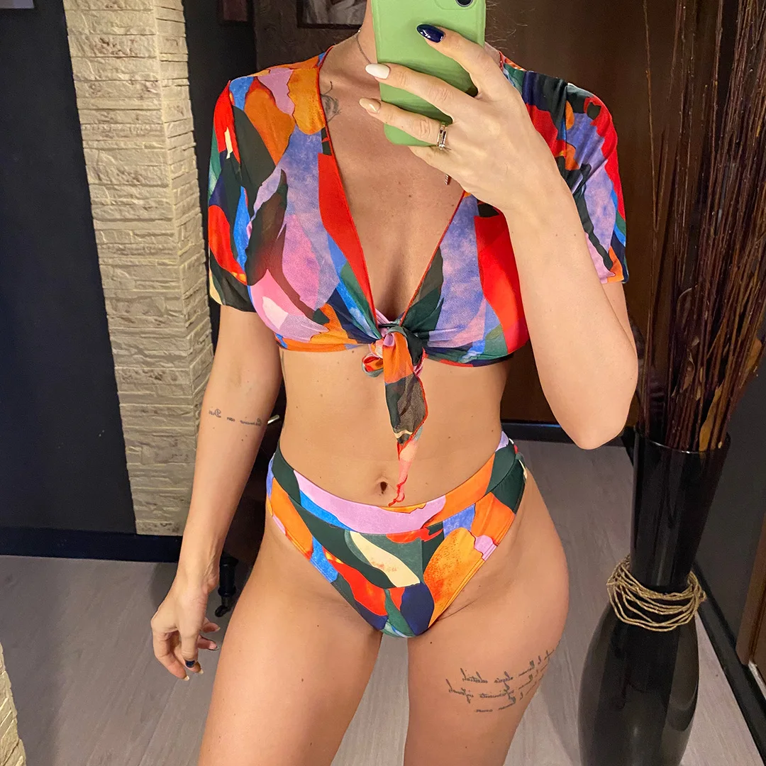 S - XXL, Bikini mit Leopardenmuster, hoher Bund, Damen-Badeanzug, dreiteiliges Bikini-Set, Badebekleidung, Badeanzug, Modell V2805SW. – Detail 2