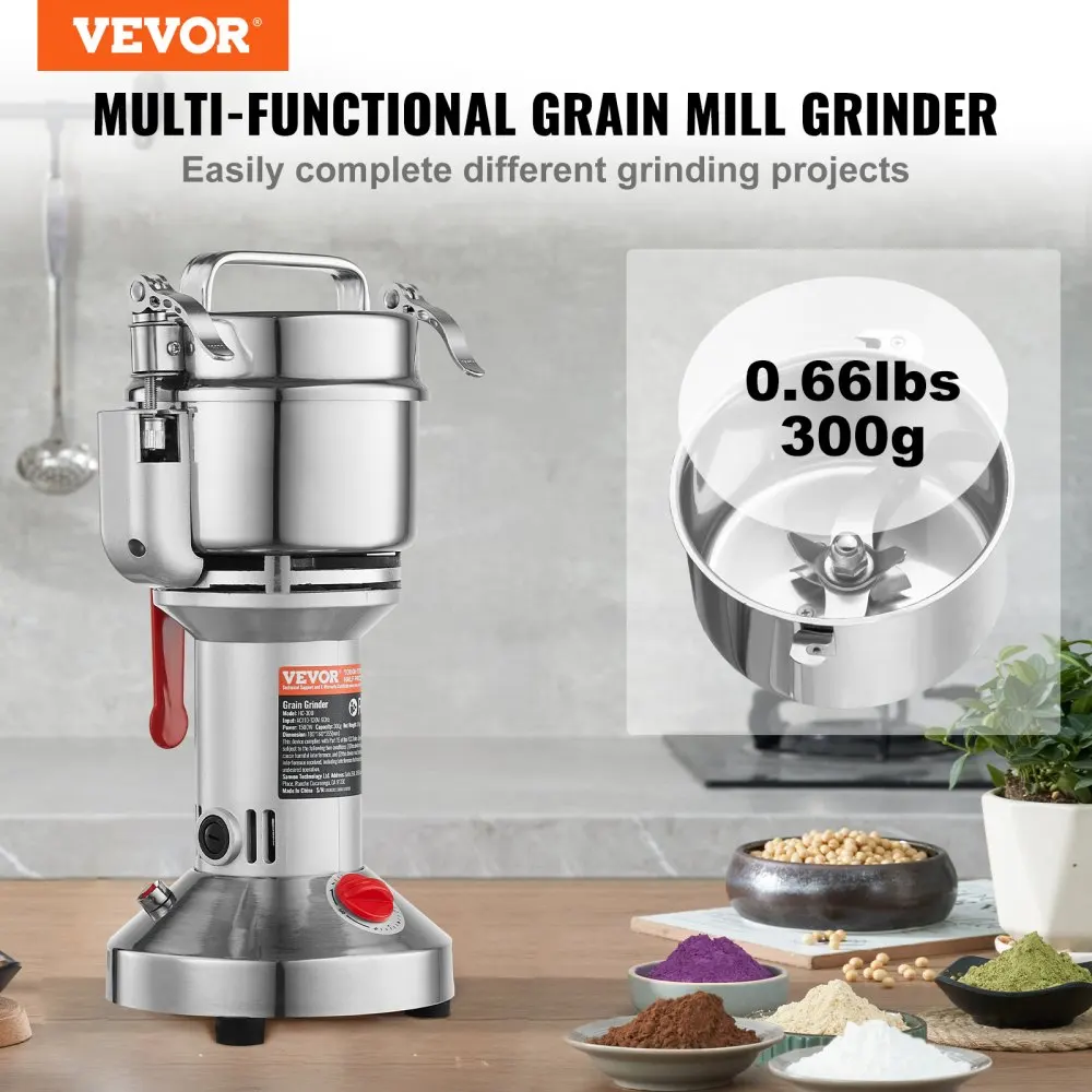 VEVOR 300g Electric Grain Mill Grinder High Speed  Commercial Spice Grinders  Stainless Steel Pulverizer Powder Machine