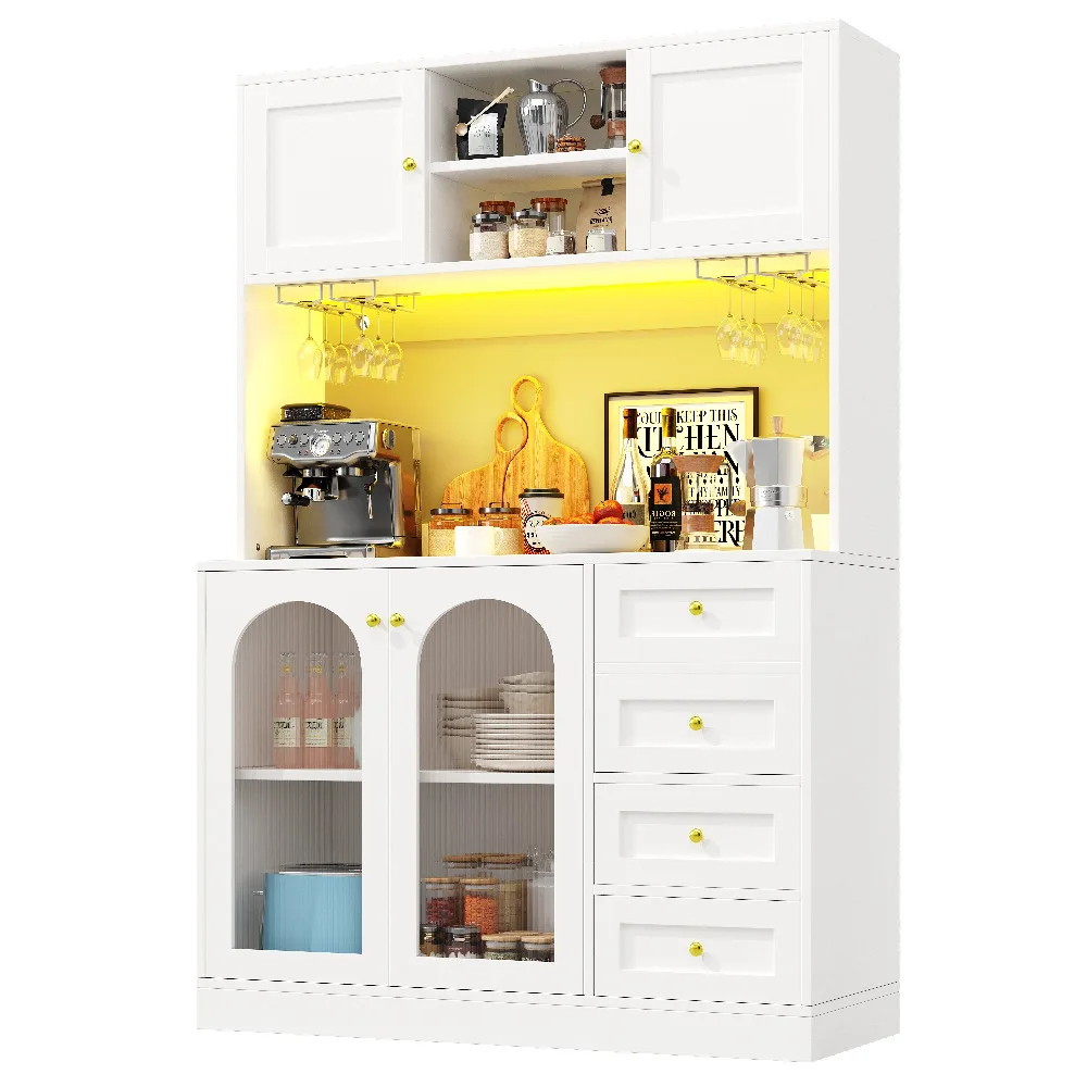 Aparador de 4 Puertas Negro/Blanco 120x40x188 cm – Tira de LED, Portavasos Integrados, Alacena o Almacenamiento de Cocina Estilo Rústico