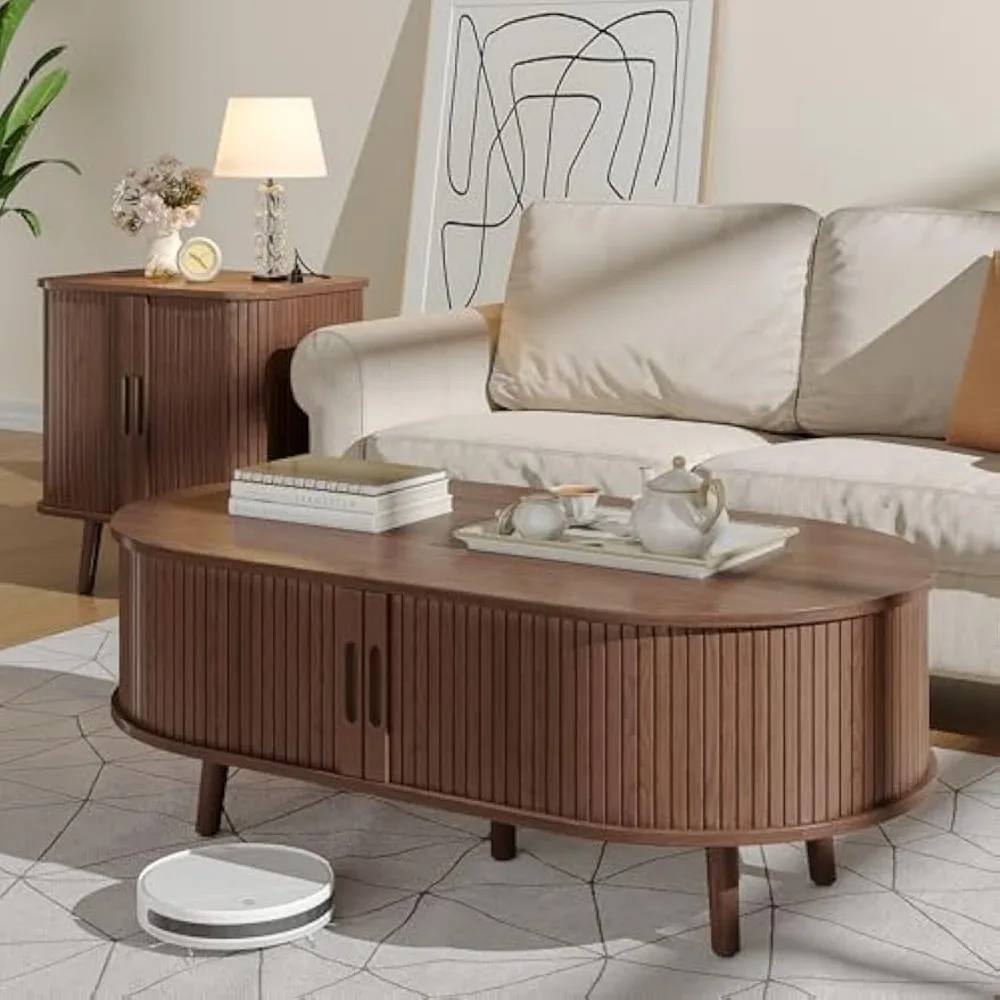 Modern Coffee Table with Sliding Tambour Door, Oval Fluted Coffee Table with Storage, Small Curved Profile Coffee Tables