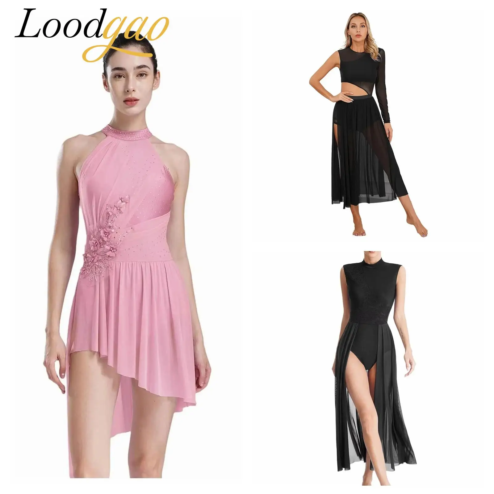

Women Ballet Gymnastics Leotard Dress Elegant Lyrical Modern Dance Costume Mesh Dancewear Mujer Woman's Figure Skating Dress