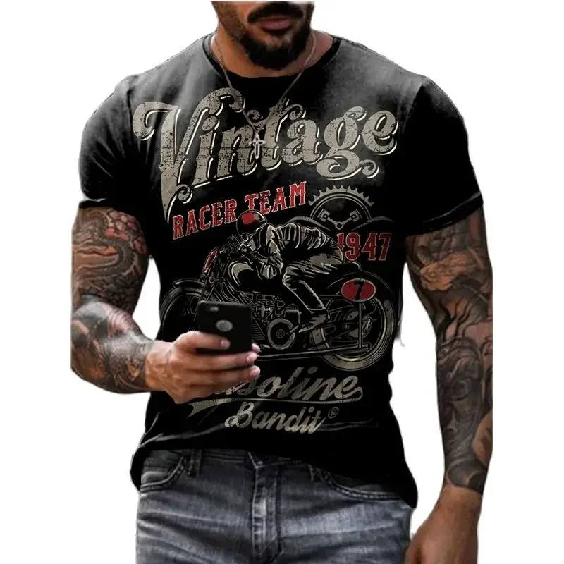 Motorcycle Vintage Classic 3D Harajuku Print Men's Punk Tough Guy Street Hip Hop Crew Neck Short Sleeve Summer Loose T-shirt Top