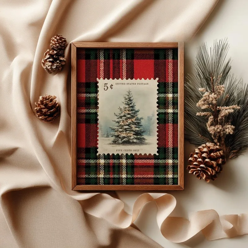 Plaid Vintage Christmas Stamp Canvas Wall Art Pine Tree Retro Tartan Festive Winter Holiday Wall Print Unframed Canvas Poster