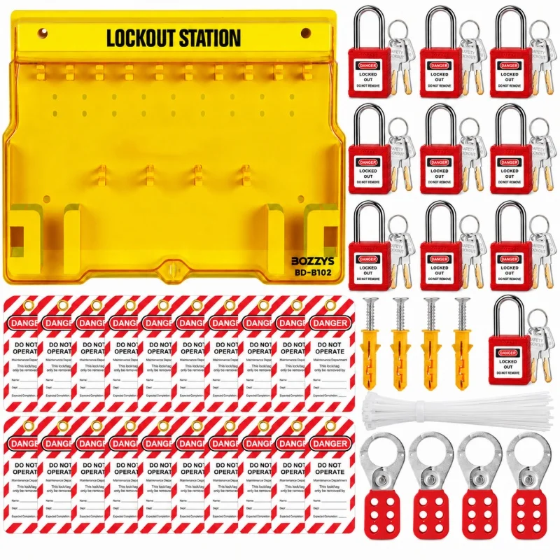 LOTO Station Kit with 1 Covered 14-Position Station, 10 Keyed-Different Padlocks, 4 Group Hasps, 20 Warning Tags, 20 Zip Ties and Screws | For Safety Supervisors and Maintenance Teams | For Production Lines, Electrical Rooms, Workshops and Warehouses