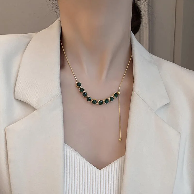 Korean Fashion All-match Fashion Green Zircon Necklace for Women Luxury High-end Collarbone Chain Adjustable Pendant Jewelry