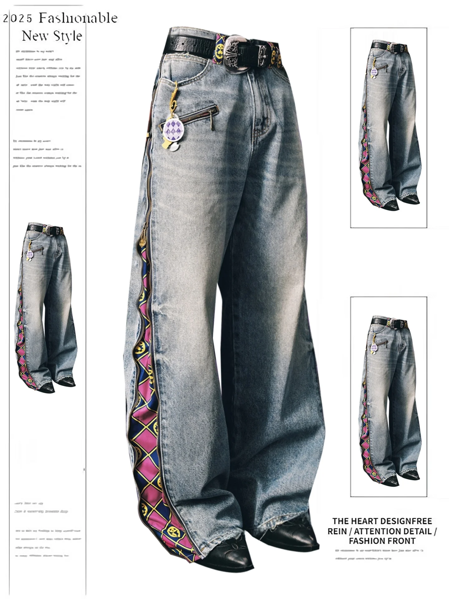 

American Retro Zipper Splicing Denim Pants Women's Autumn Winter New Design High Waist Loose Wide Leg Pants Floor-Length Pants
