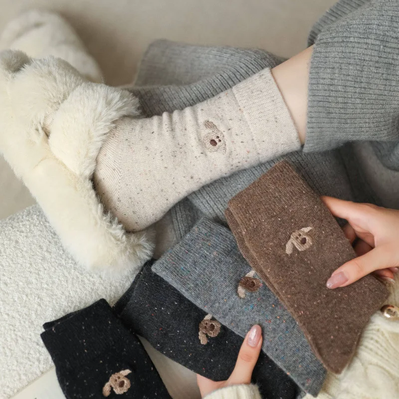 5 pairs of women's autumn and winter coffee colored dot yarn woolen socks, thick and warm, cute little dog midsole socks