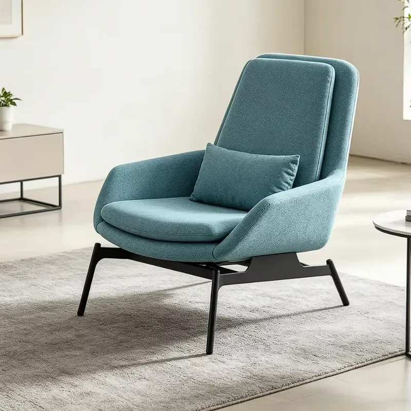 Italian Style Lake Blue Linen Fabric High Back Leisure Lounge Chair with Steel Frame for Living Room Apartment Exhibition