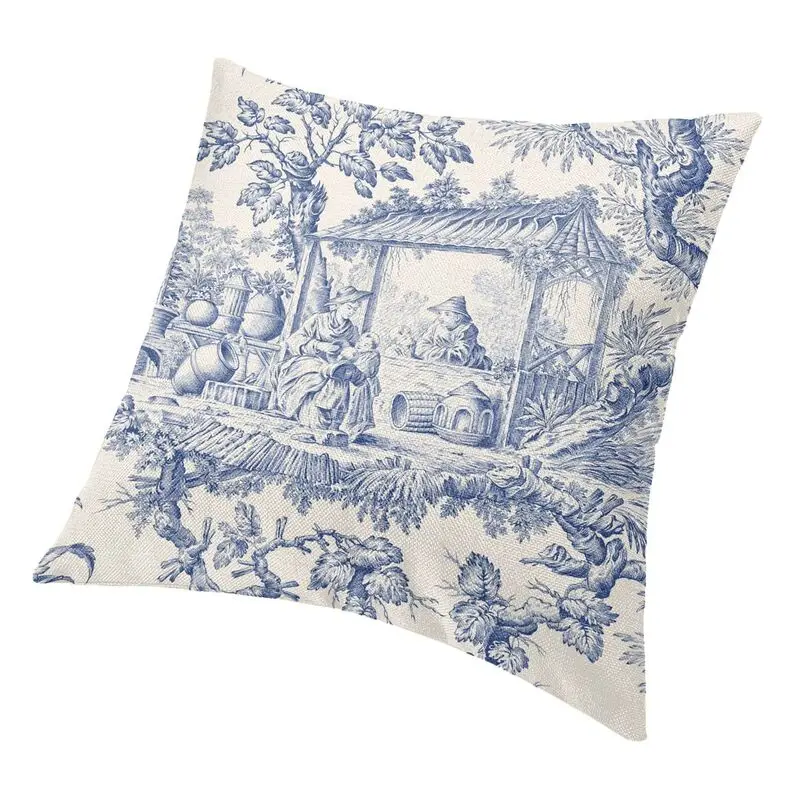 Vintage Classic French Toile De Jouy Navy Blue Throw Pillow Cover Bedroom Decoration Cushions for Sofa Square Zipper Pillowcase