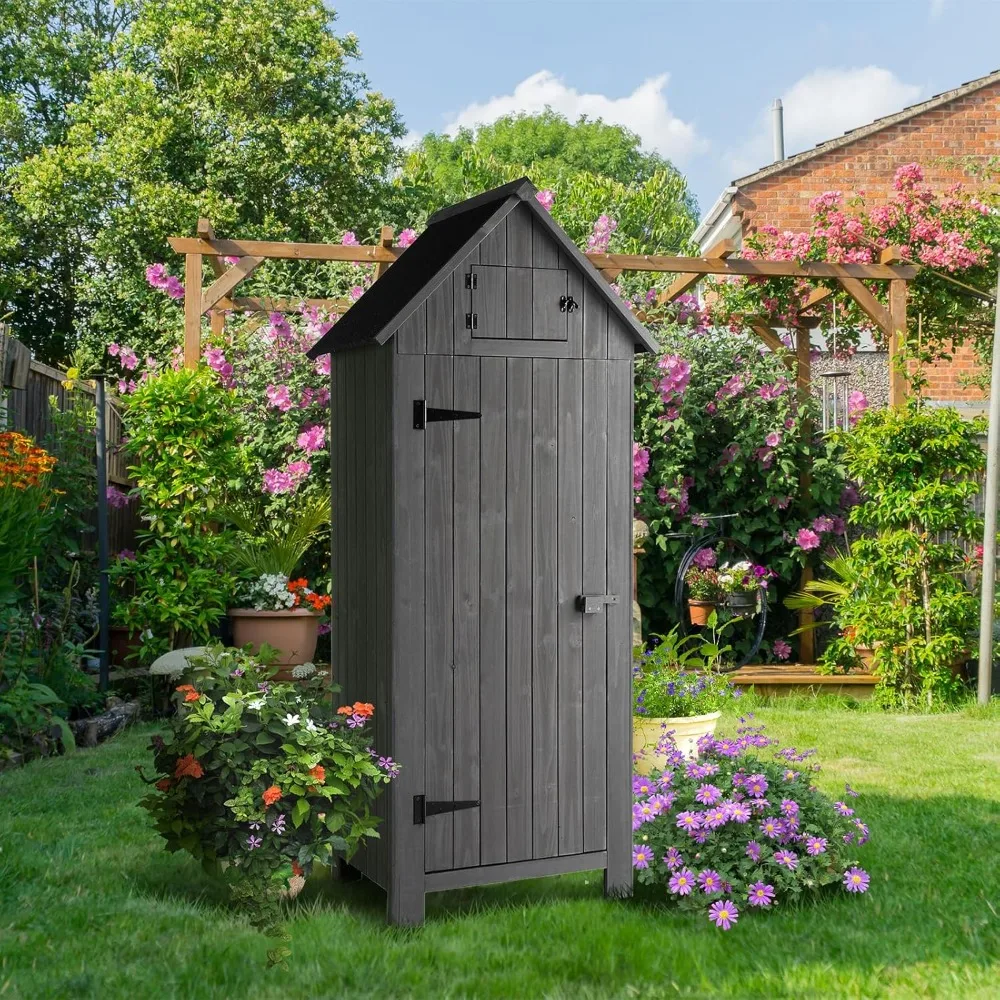 

Outdoor Wooden Storage Shed, Garden Shed Outside Tool Cabinet with Safety Latch, Patio Storage Organizer (Dark Grey)