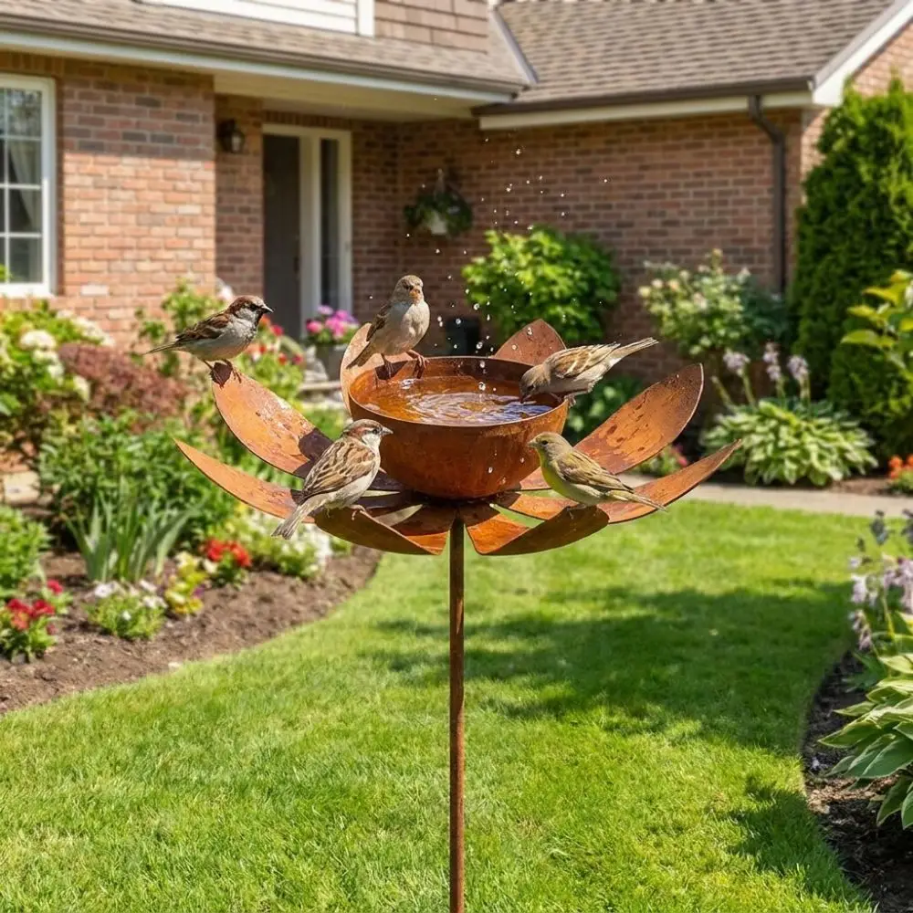Flower Shape Metal Garden Birdbath Ground Insert Iron Art Bird Water Dispenser Rusty Handmade Animals Drinking Tray Yard Art