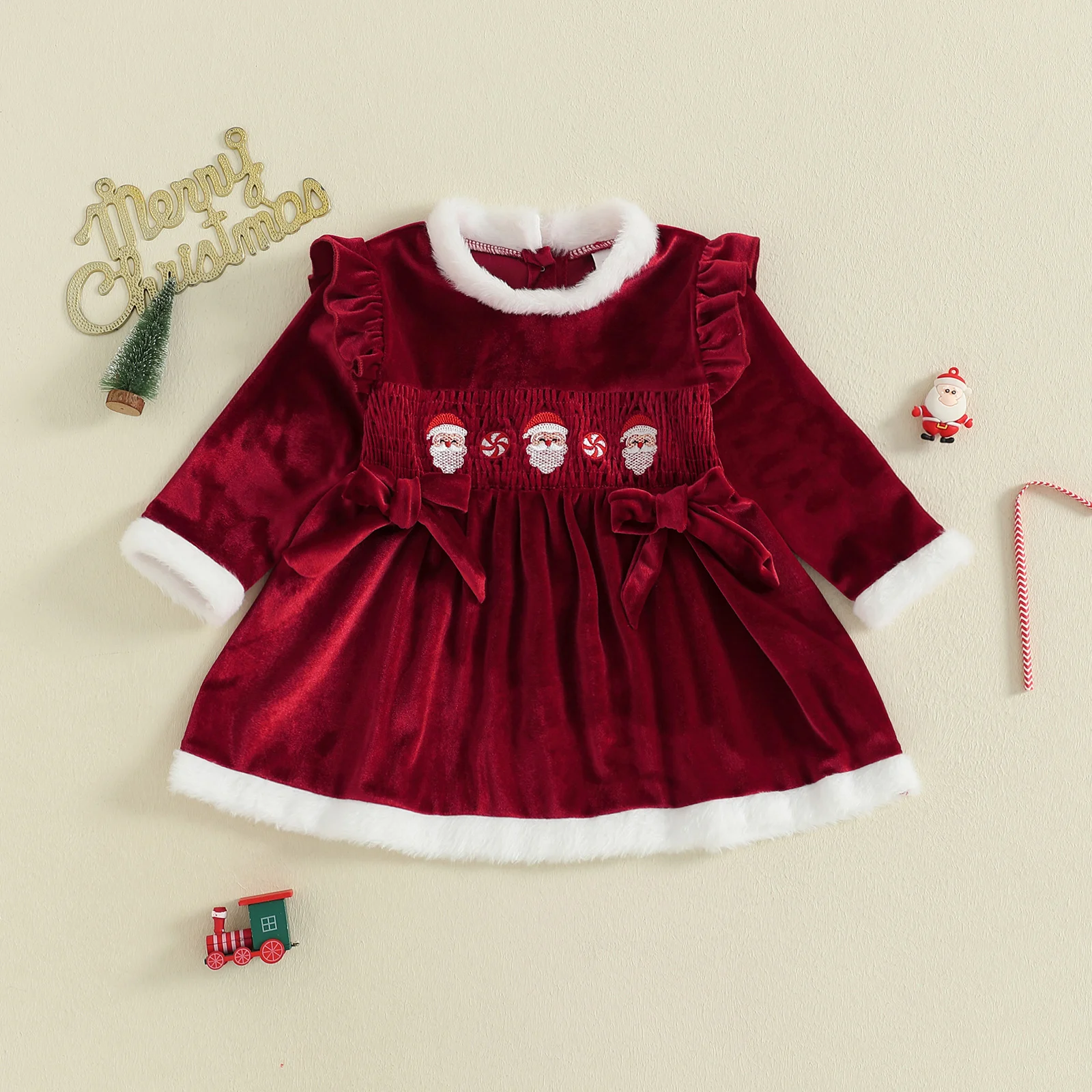 

Toddler Baby Girl Christmas Dress Furry Trim Santa Claus Embroidered Crew Neck Long Sleeve A Line Velvet Dress for 0-4 Years
