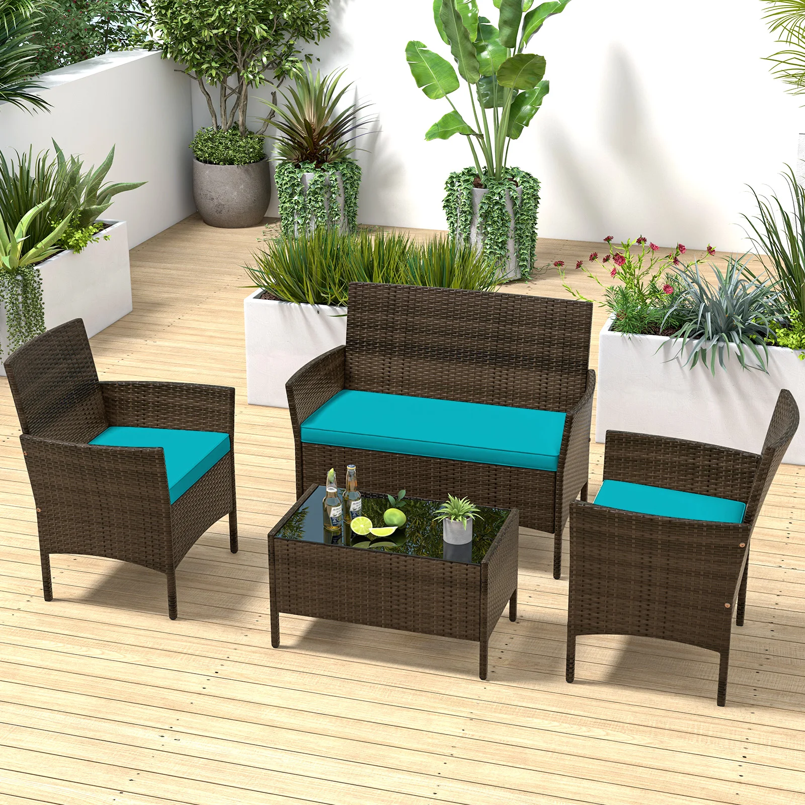 8 PCS Patio Furniture Set with Washable Cushions and Tempered Glass Coffee Table Turquoise