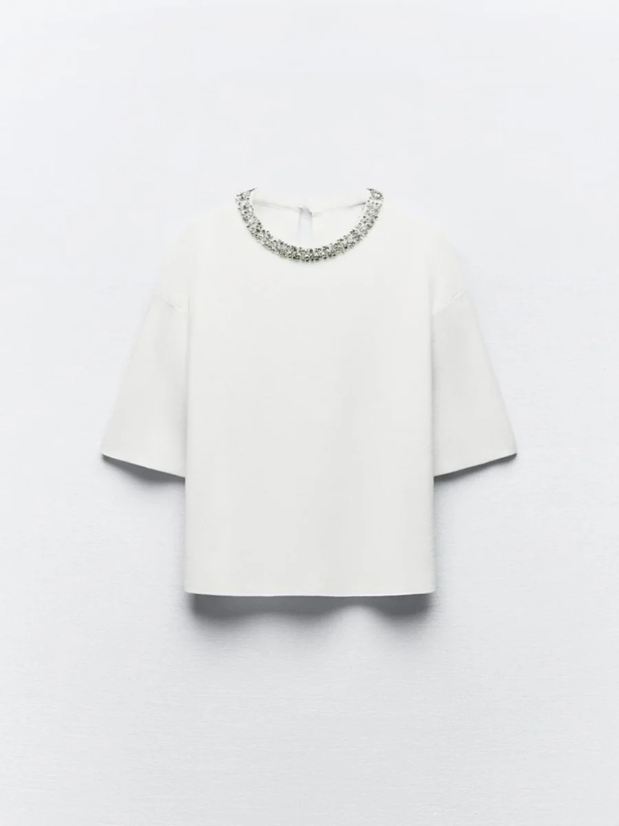 

Summer New Women's Knitted round Ne ort Sve T-irt Jewelry Embellied ZA2024 Commute Sle Regular Thin