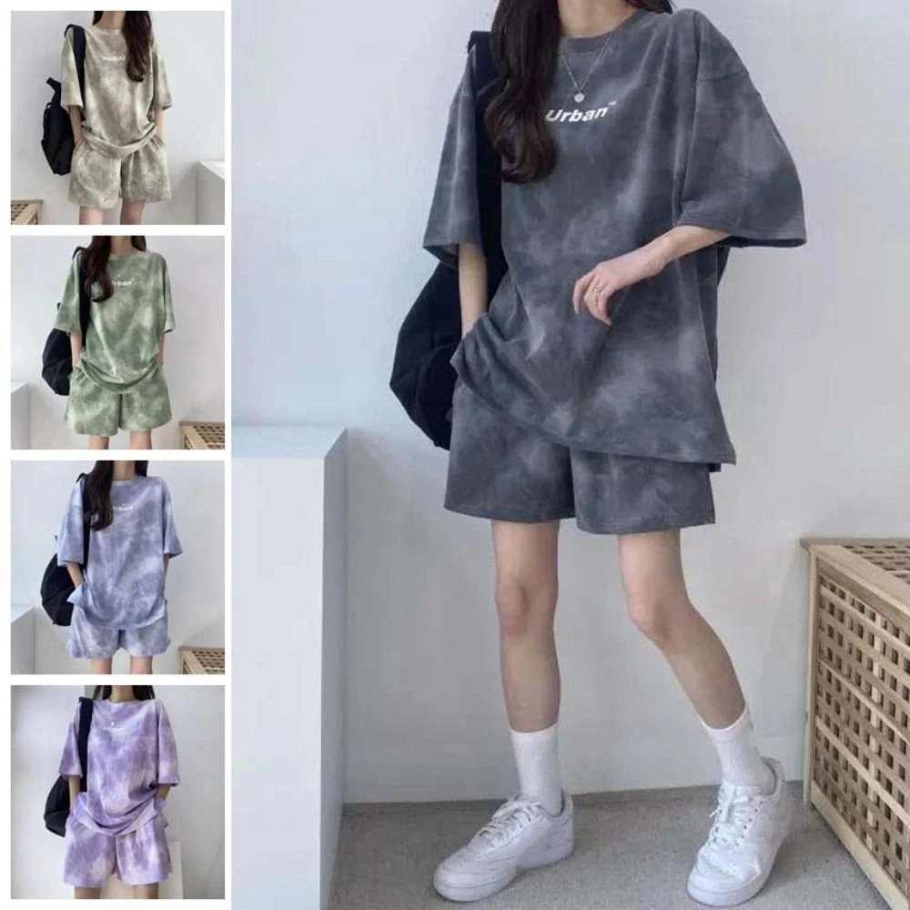 

Simple Letter Two-piece Tracksuit Tie-dye Large Size Summer Loose Suit Thin Sports Short Sleeve T-shirt Shorts Sports