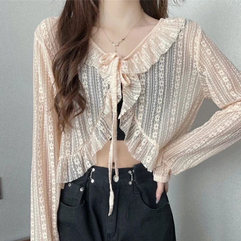 Blouses Women Sun-proof Elegant Vintage Bandage Design Aesthetic Prevalent Summer Korean Style Long-sleeve Thin Breathable Ins