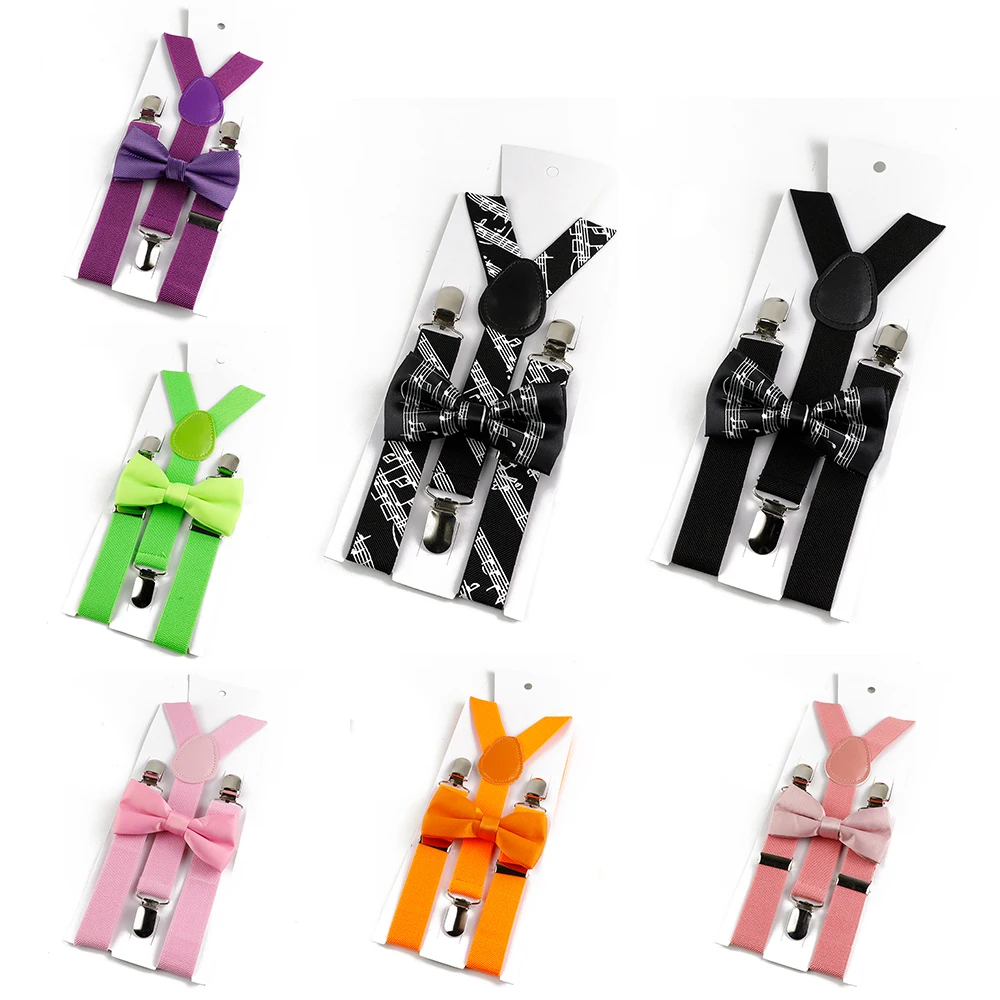 Classic Trendy Kids Polyester Bowtie Suspender Set Adjustable Y-Back Braces Two-piece Wedding Party Accessories For Children