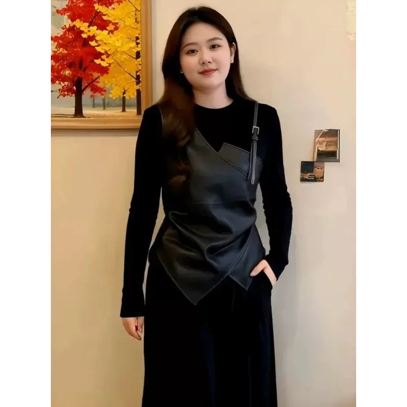 Black Leather Splicing Fake Two-piece Knitted Sweater for Women Looking Thin in Early Spring Pinching Super Good-looking Top