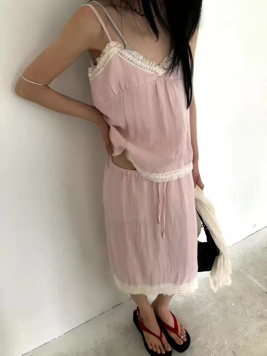 

MOSA Select Korean Style V-neck Lace Trim Halter Skirt Sweet Summer New Arrival Two-piece Set Short Sleeve Overhead Dress