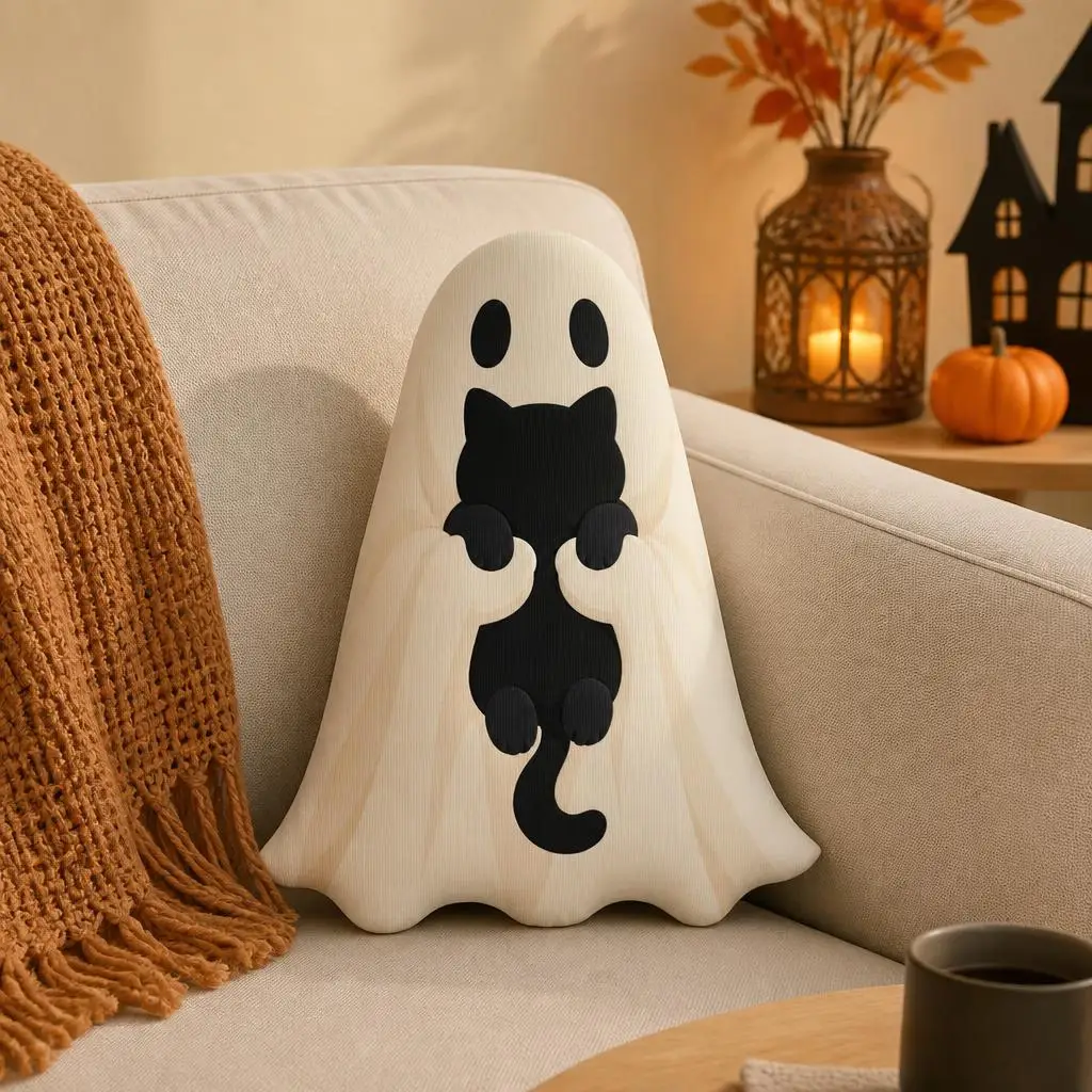 Halloween Ghost Holding Black Cat Plush Pillow Spooky Season Shaped Cushion Cute Throw Pillow Sofa Home Decor Gift Idea