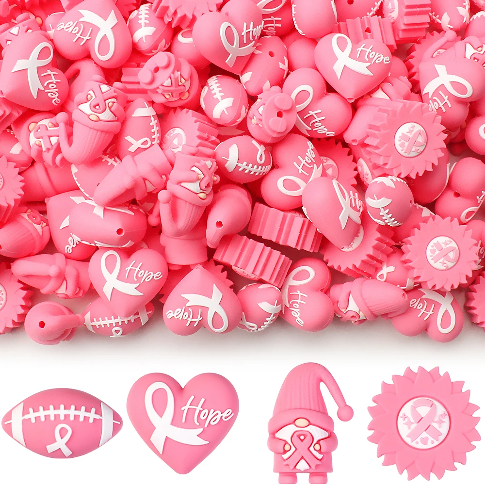 Perles en silicone 3D sur le thème de la sensibilisation au cancer du sein, ruban rose, fleur, gnome, perles focales en forme de cœur, 5/10/20/50 pièces